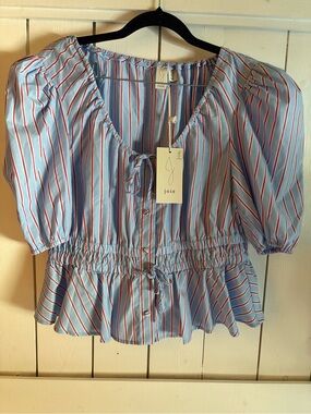 Joie Light Blue Blouse with Red and White Stripes